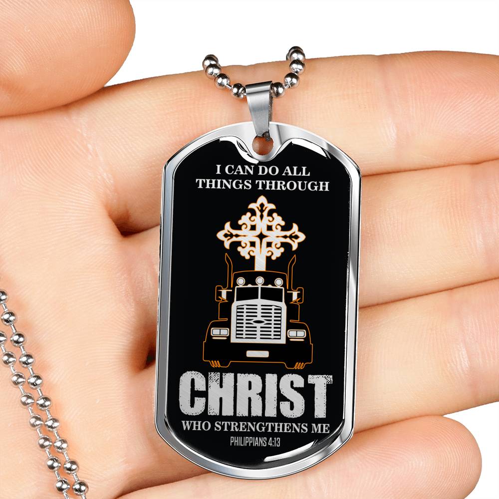 Christian Trucker All Things Dog Tag Stainless Steel or 18k Gold 24" Chain - Express Your Love Gifts