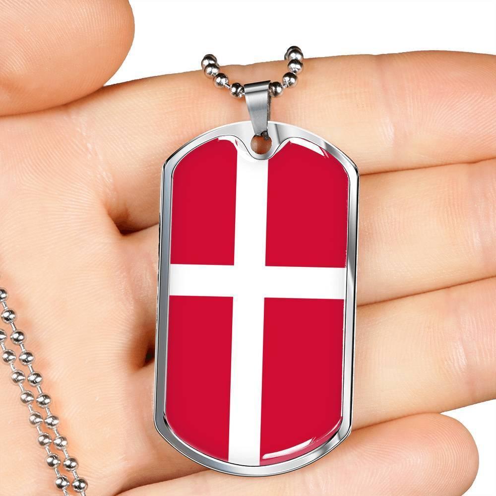 Denmark Flag Necklace Denmark Flag Stainless Steel or 18k Gold Dog Tag 24" - Express Your Love Gifts