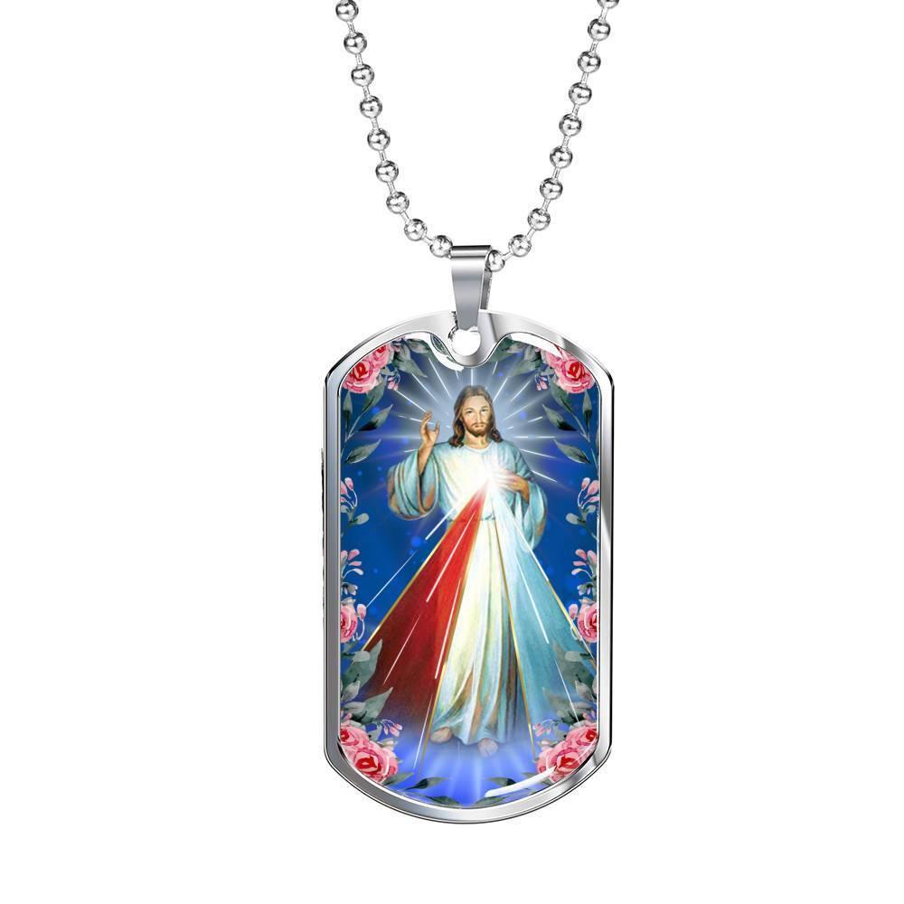 Divine Mercy Catholic Necklace Stainless Steel or 18k Gold Dog Tag 24" Chain-Express Your Love Gifts
