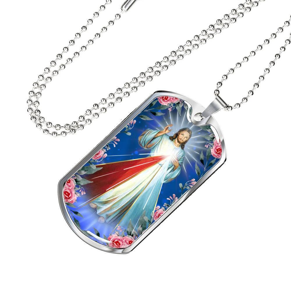 Divine Mercy Catholic Necklace Stainless Steel or 18k Gold Dog Tag 24" Chain-Express Your Love Gifts