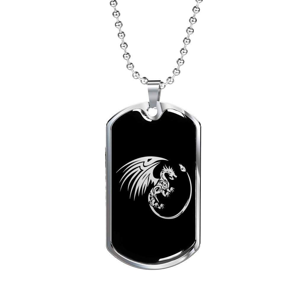 Dragon Dog Tag Stainless Steel or 18k Gold 24" Chain Gothic Dragons Pendant - Express Your Love Gifts