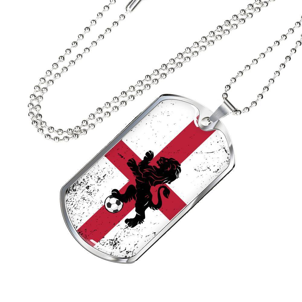 England Flag And Futbol/Soccer Necklace Stainless Steel or 18k Gold Dog Tag 24" Chain-Express Your Love Gifts