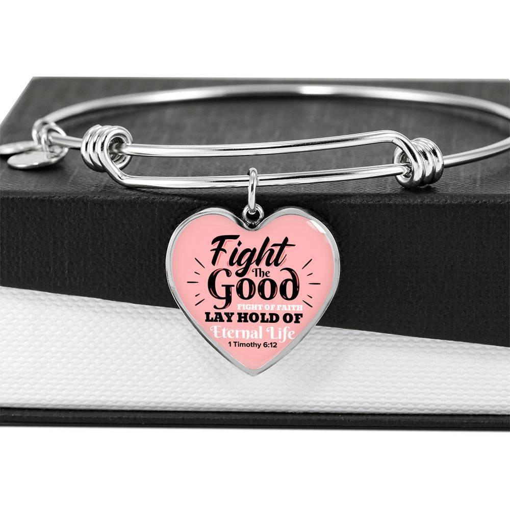 Fight The Good Fight Stainless Steel or 18k Gold Heart Bangle Bracelet - Express Your Love Gifts