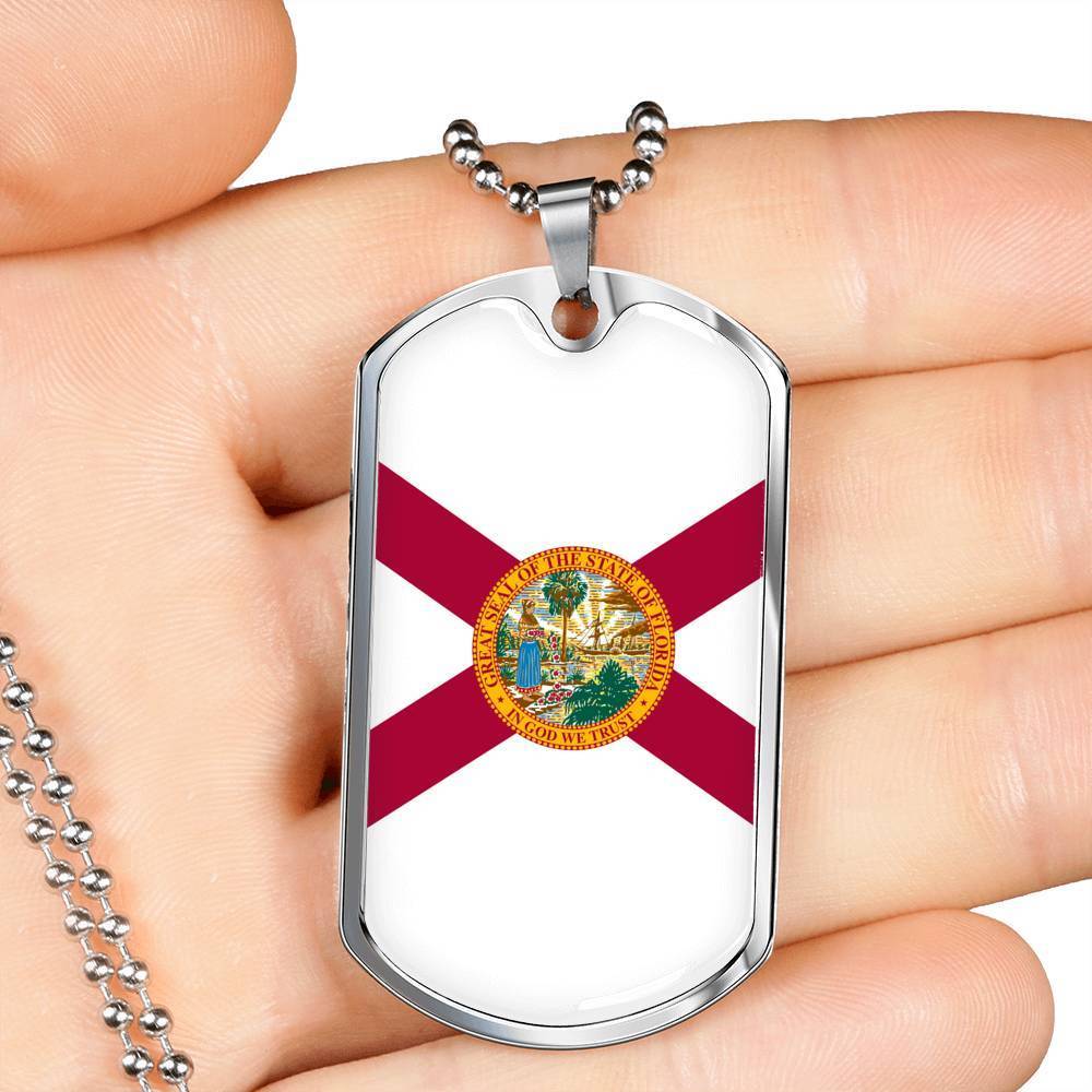 Florida State Flag Necklace Stainless Steel or 18k Gold Dog Tag 24" Chain - Express Your Love Gifts