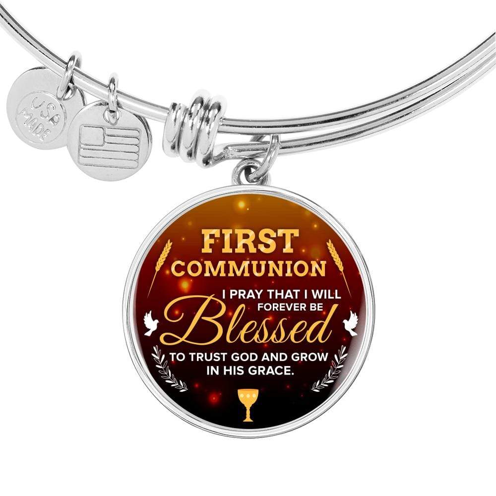 Forever Be Blessed First Communion Stainless Steel or 18k Gold Circle Bangle Bracelet - Express Your Love Gifts