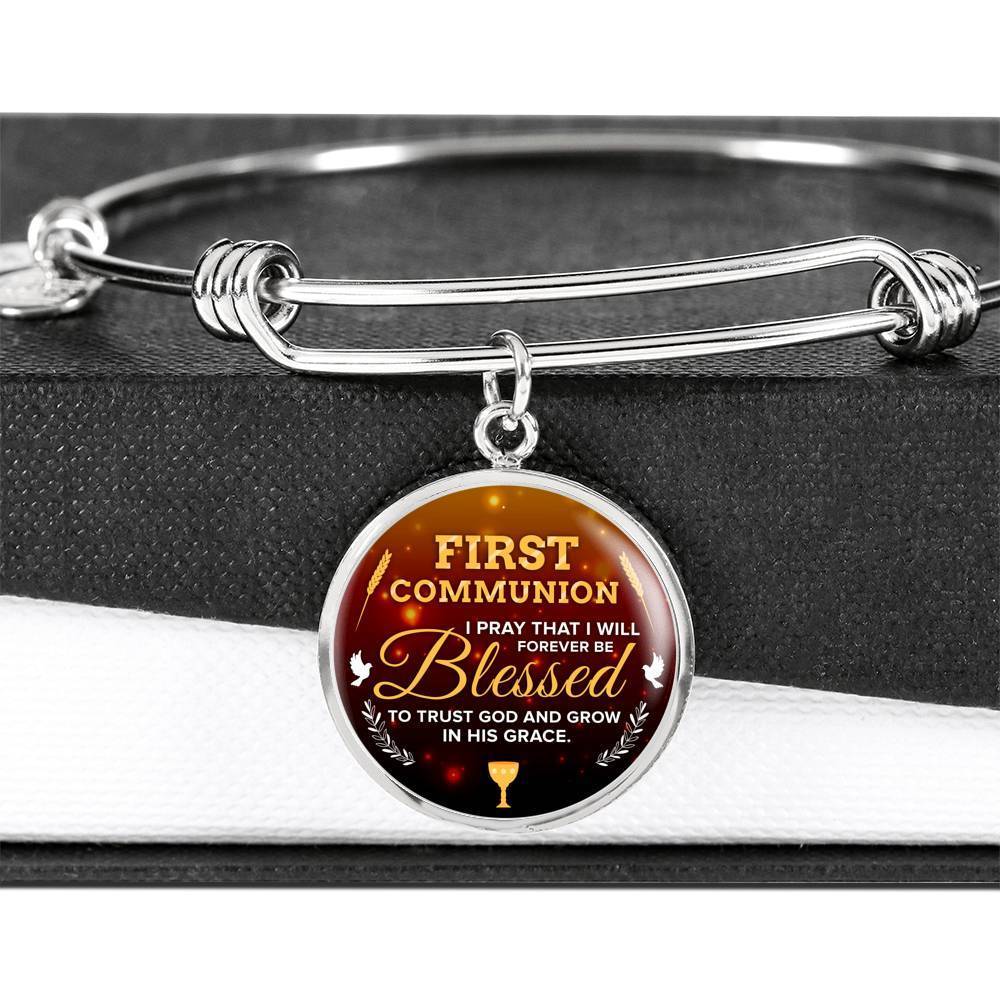 Forever Be Blessed First Communion Stainless Steel or 18k Gold Circle Bangle Bracelet - Express Your Love Gifts