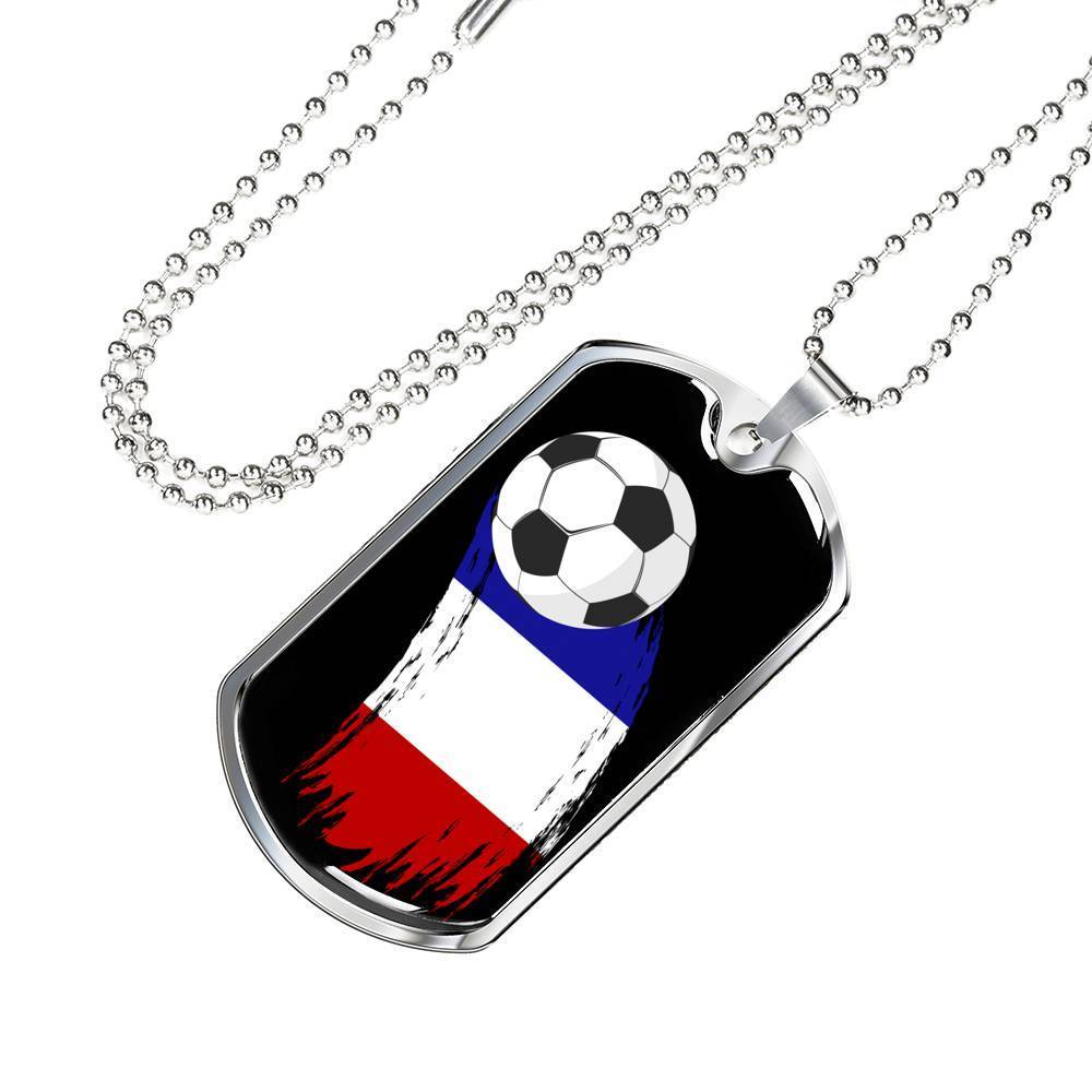 France Flag And Futbol/Soccer Necklace Stainless Steel or 18k Gold Dog Tag 24" Chain-Express Your Love Gifts