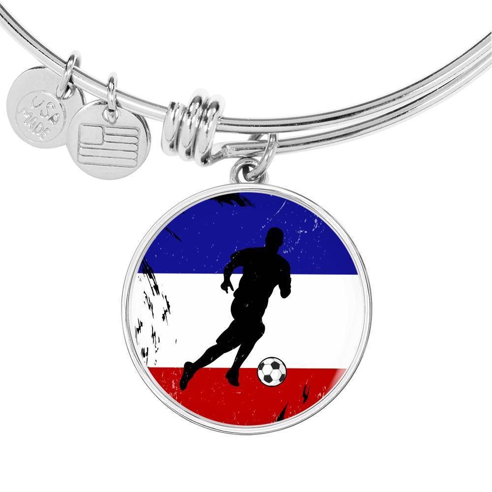 France Flag And Futbol/Soccer Stainless Steel or 18k Gold Circle Bangle Bracelet - Express Your Love Gifts