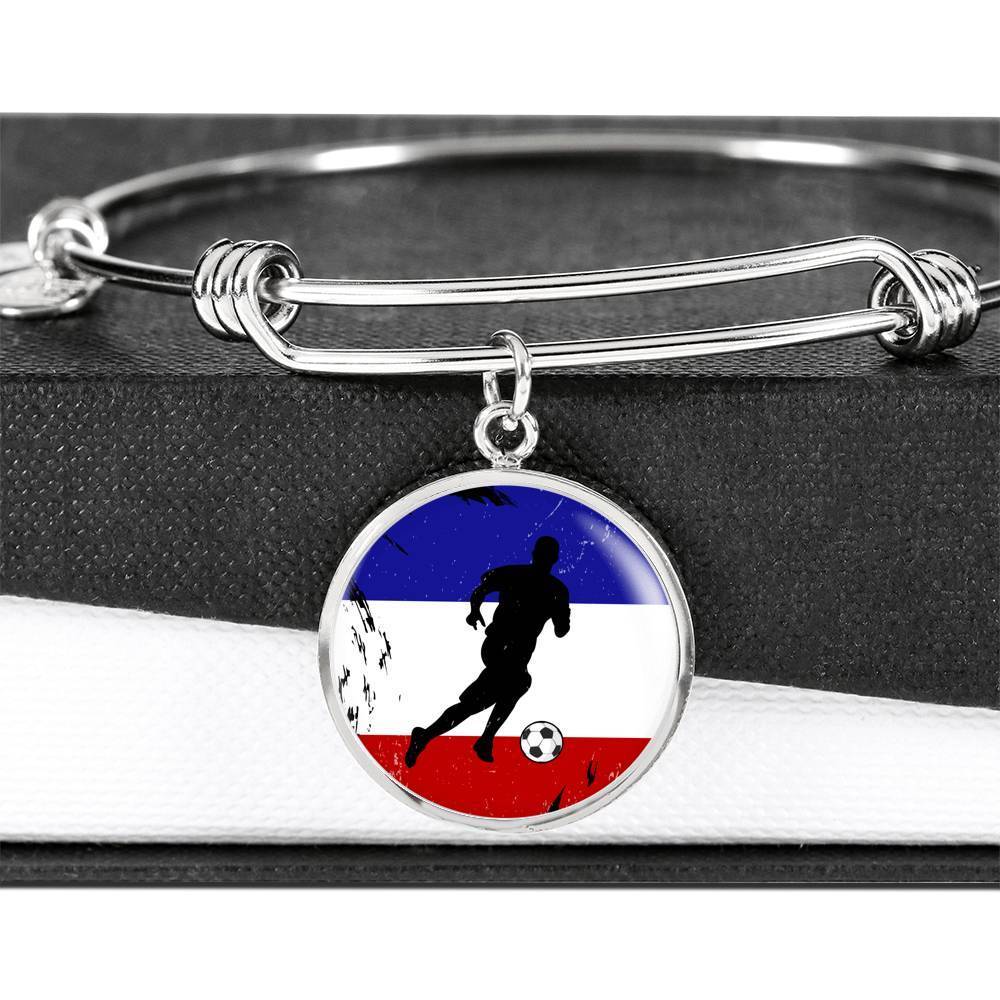 France Flag And Futbol/Soccer Stainless Steel or 18k Gold Circle Bangle Bracelet - Express Your Love Gifts