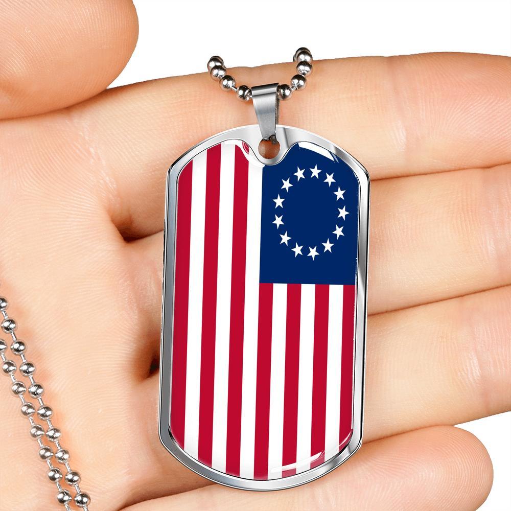 God Bless America Betsy Ross Retro Flag Necklace Stainless Steel or 18k Gold Dog Tag 24" Chain - Express Your Love Gifts