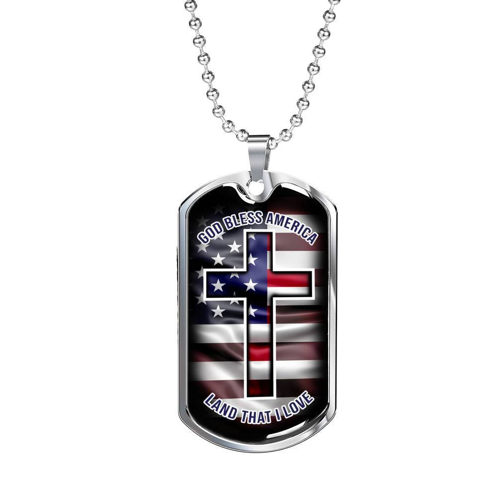 God Bless America Necklace Stainless Steel or 18k Gold Dog Tag 24" Chain-Express Your Love Gifts