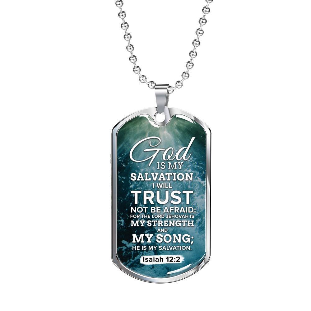 God Is My Strength & Salvation Necklace Stainless Steel or 18k Gold Dog Tag 24" Chain-Express Your Love Gifts