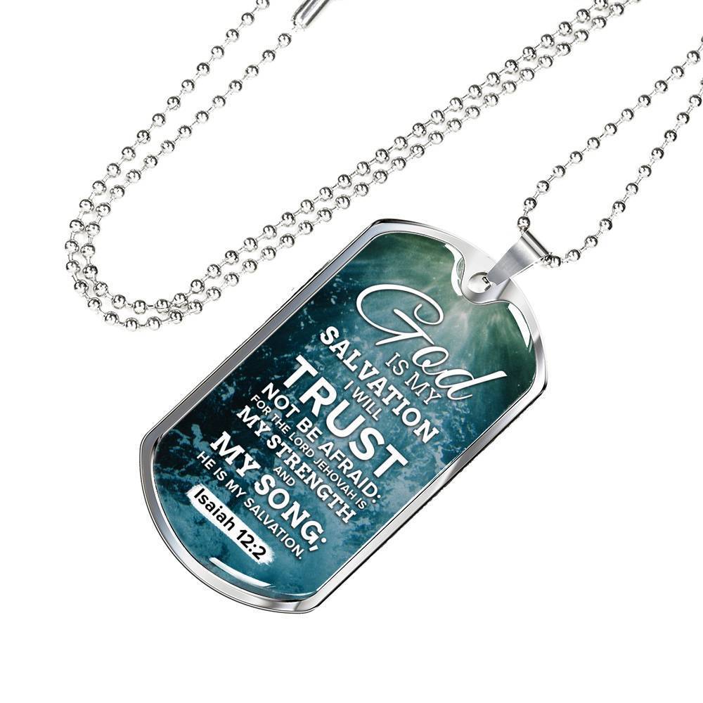 God Is My Strength & Salvation Necklace Stainless Steel or 18k Gold Dog Tag 24" Chain-Express Your Love Gifts