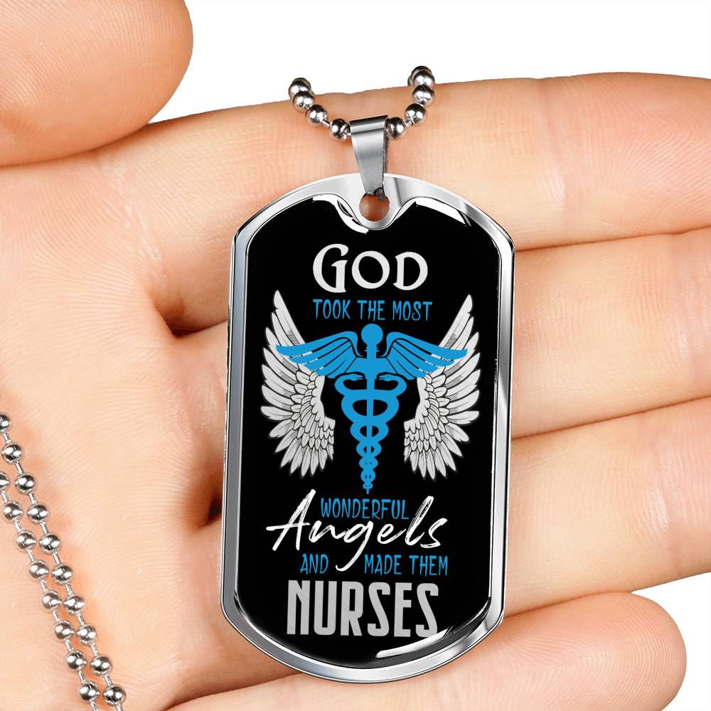 God Made Angels CaduceusNurse Necklace Stainless Steel or 18k Gold Dog Tag 24" - Express Your Love Gifts