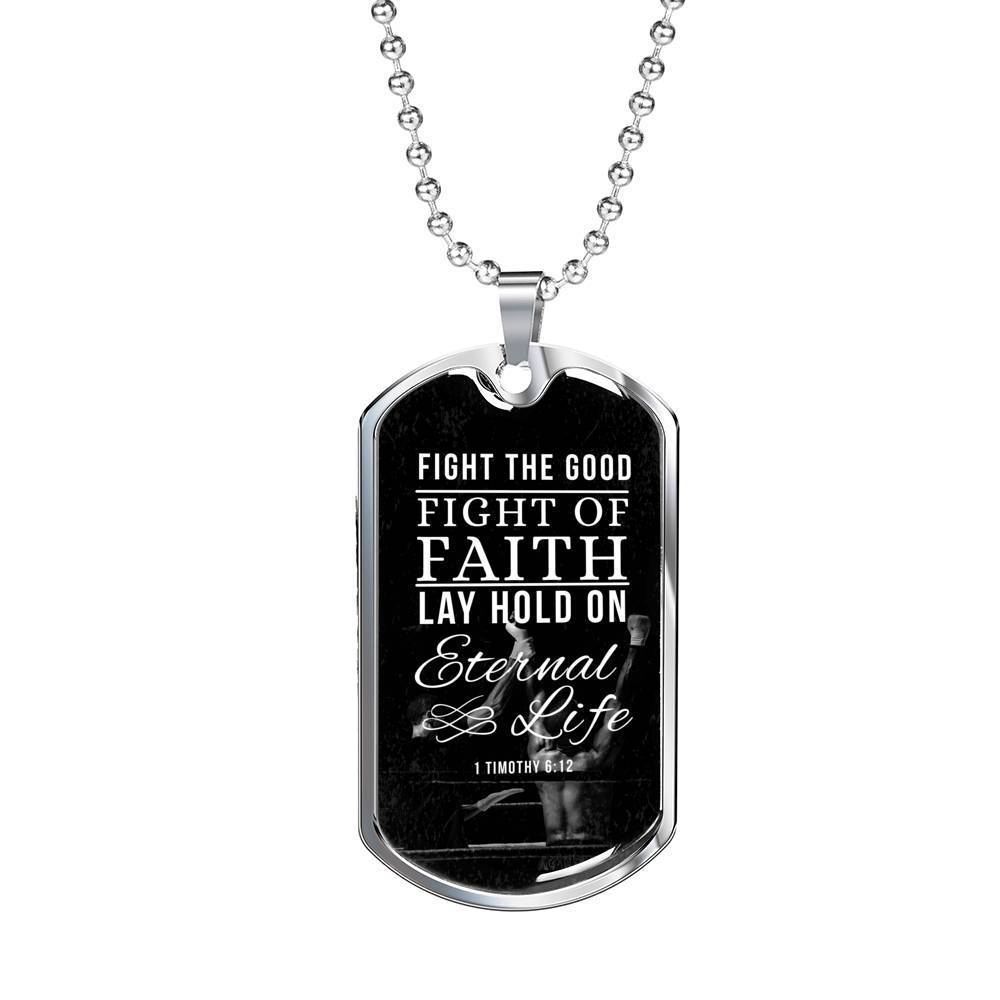 Good Fight Of Faith Timothy Necklace Stainless Steel or 18k Gold Dog Tag 24" Chain-Express Your Love Gifts