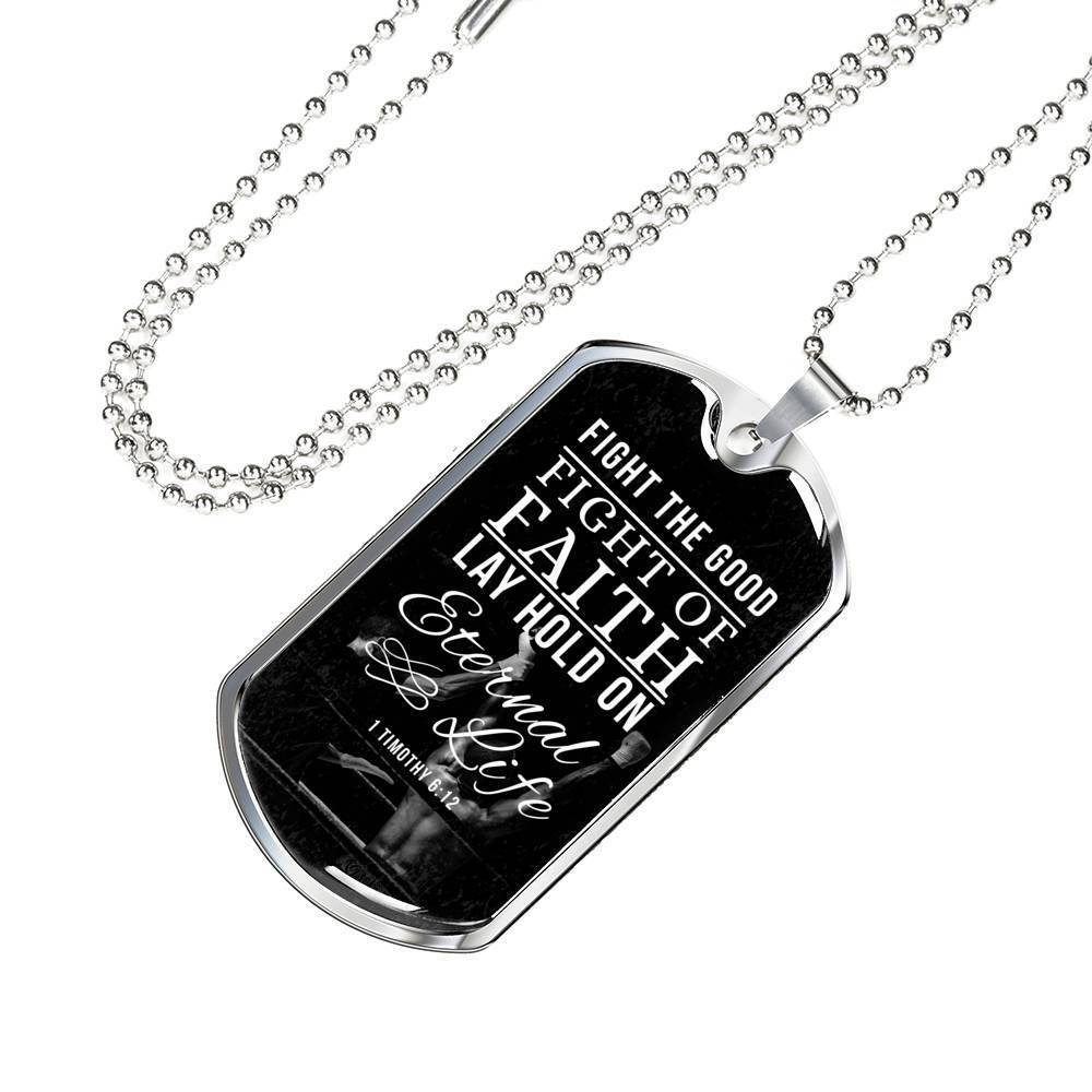 Good Fight Of Faith Timothy Necklace Stainless Steel or 18k Gold Dog Tag 24" Chain-Express Your Love Gifts