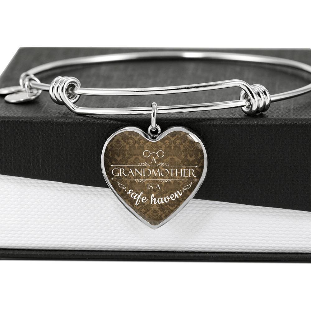 Grandma is a Safe Haven Stainless Steel or 18k Gold Heart Bangle Bracelet - Express Your Love Gifts