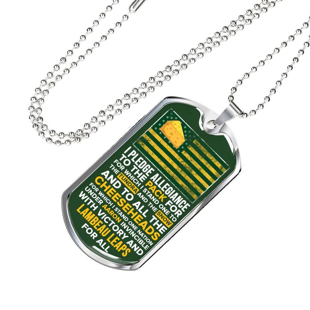 Green Bay Fan Pledge Stainless Steel or 18k Gold Dog Tag 24" Chain-Express Your Love Gifts