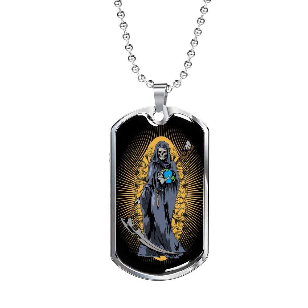 Grim Reaper Santa Muerte Dog Tag Stainless Steel or 18k Gold 24" Chain - Express Your Love Gifts