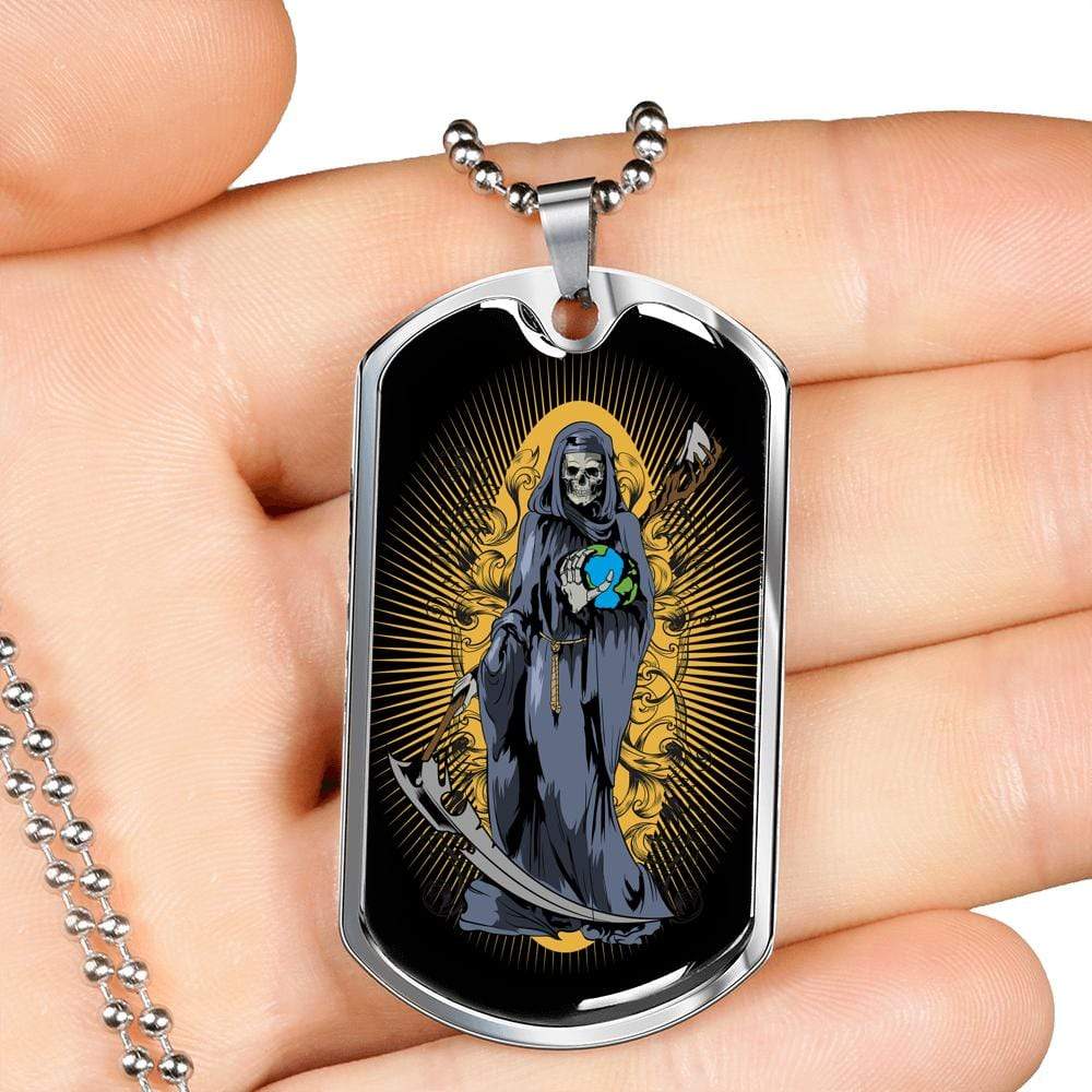 Grim Reaper Santa Muerte Dog Tag Stainless Steel or 18k Gold 24" Chain - Express Your Love Gifts