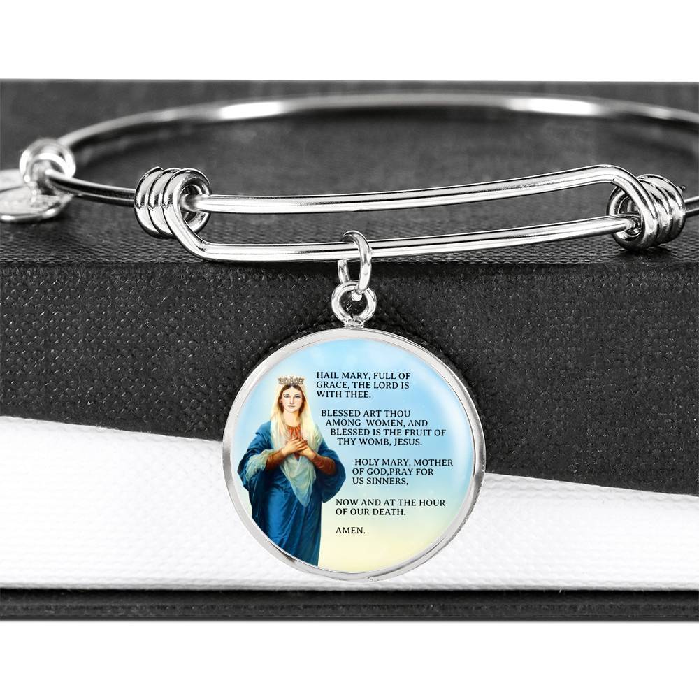Hail Mary Catholic Prayer Stainless Steel or 18k Gold Circle Bangle Bracelet - Express Your Love Gifts