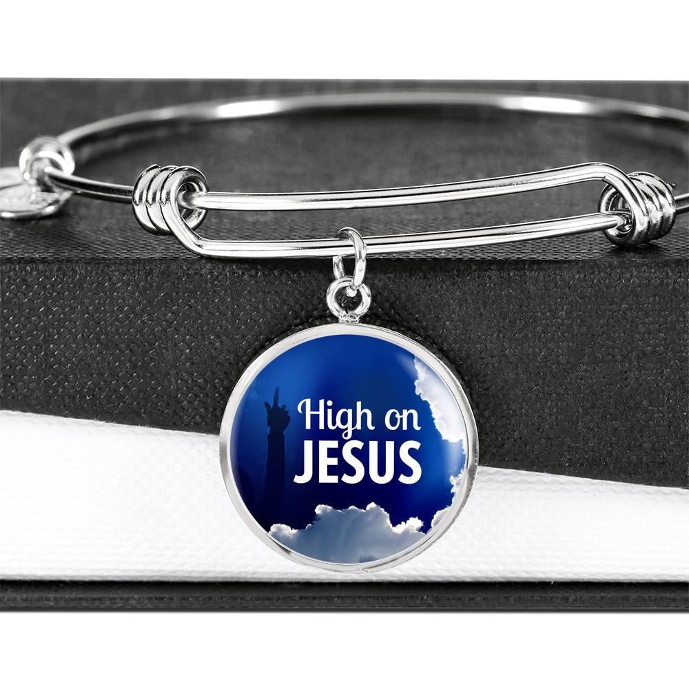 High On Jesus Stainless Steel or 18k Gold Chistian Circle Bangle Bracelet - Express Your Love Gifts