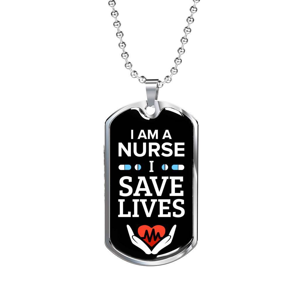 I Save Lives Nurse Necklace Stainless Steel or 18k Gold Dog Tag 24" Chain-Express Your Love Gifts