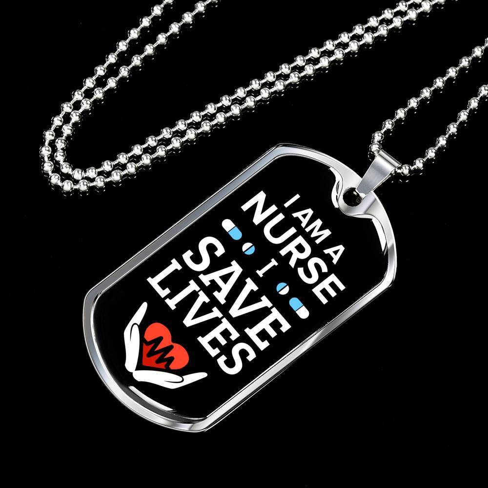 I Save Lives Nurse Necklace Stainless Steel or 18k Gold Dog Tag 24" Chain-Express Your Love Gifts