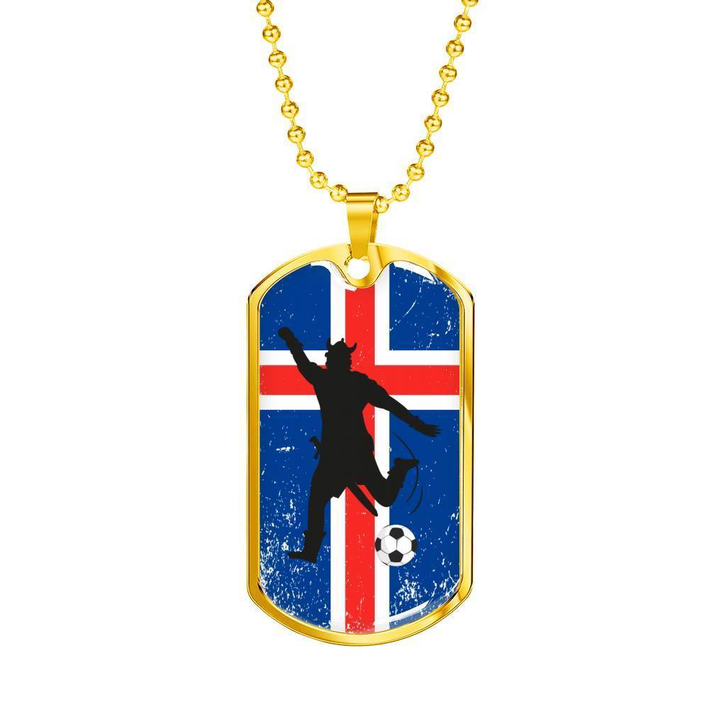 Iceland Flag And Soccer/Futbol Necklace Stainless Steel or 18k Gold Dog Tag 24" Chain-Express Your Love Gifts