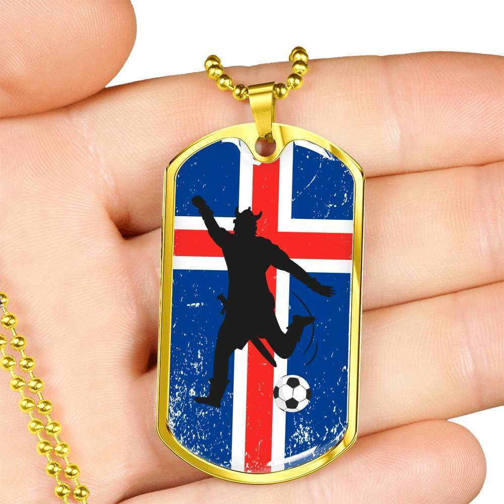 Iceland Flag And Soccer/Futbol Necklace Stainless Steel or 18k Gold Dog Tag 24" Chain-Express Your Love Gifts
