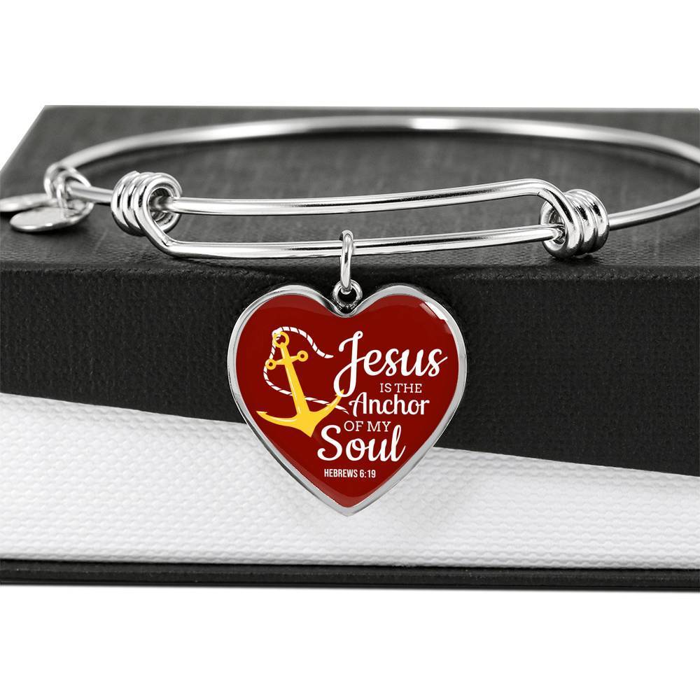 Jesus Is Anchor To My Soul Hebrews Stainless Steel or 18k Gold Heart Bangle Bracelet - Express Your Love Gifts