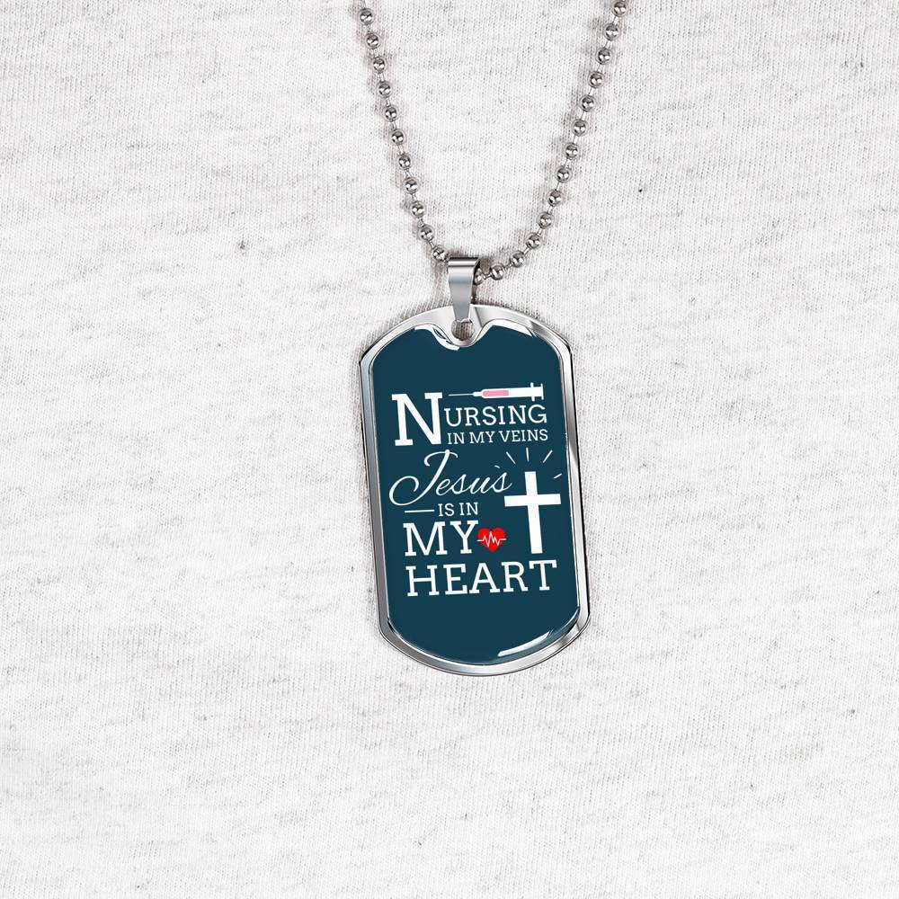 Jesus Is In My Heart Nursing Necklace Stainless Steel or 18k Gold Dog Tag w 24"-Express Your Love Gifts