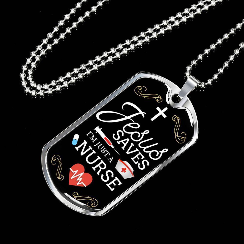 Jesus Saves Nurse Necklace Stainless Steel or 18k Gold Dog Tag W 24"-Express Your Love Gifts
