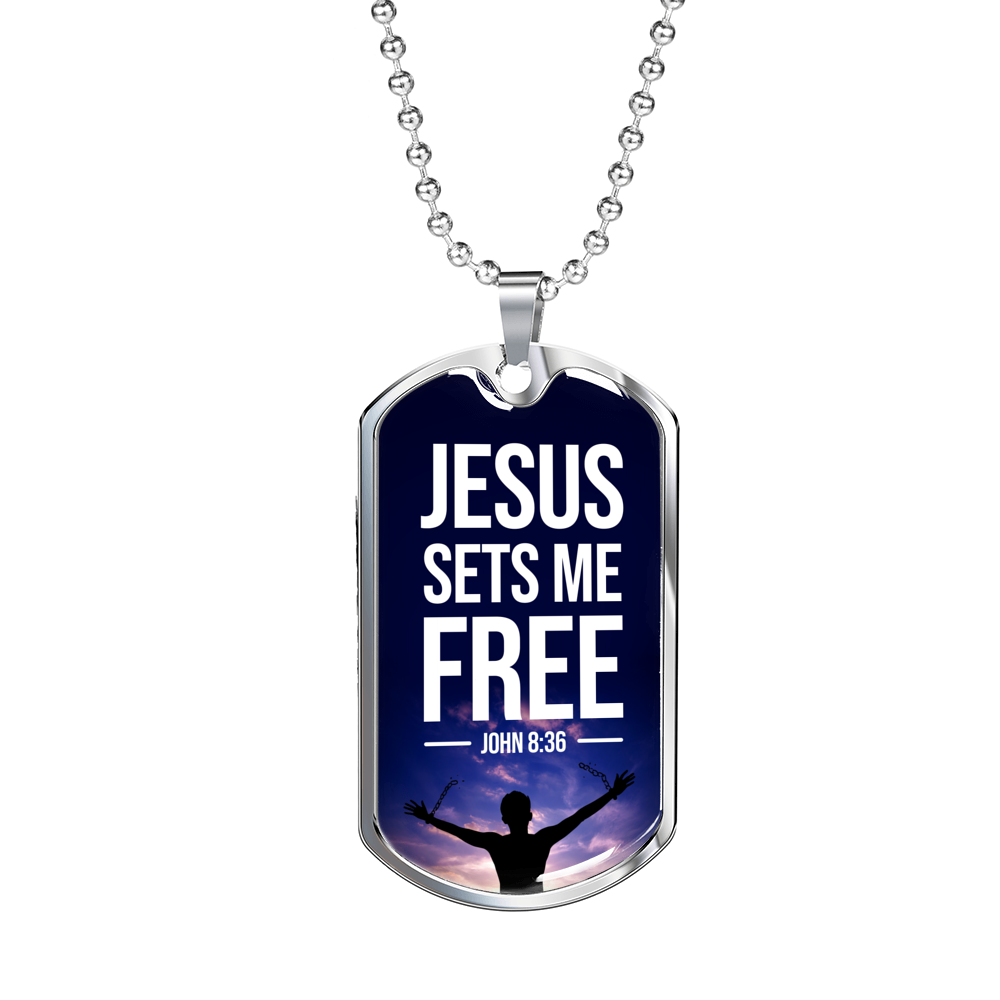 Jesus Sets Me Free Christian Necklace Bible Verse Necklace Stainless Steel or 18k Gold Dog Tag 24" Chain-Express Your Love Gifts