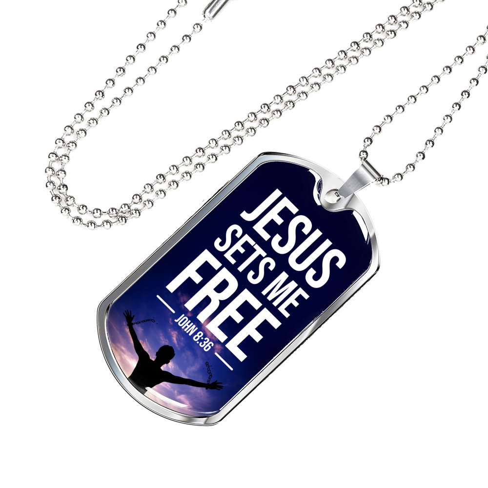 Jesus Sets Me Free Christian Necklace Bible Verse Necklace Stainless Steel or 18k Gold Dog Tag 24" Chain-Express Your Love Gifts