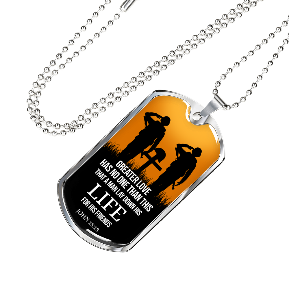 John 15:13 Scripture No Greater Love Necklace Stainless Steel or 18k Gold Dog Tag w 24" Chain-Express Your Love Gifts