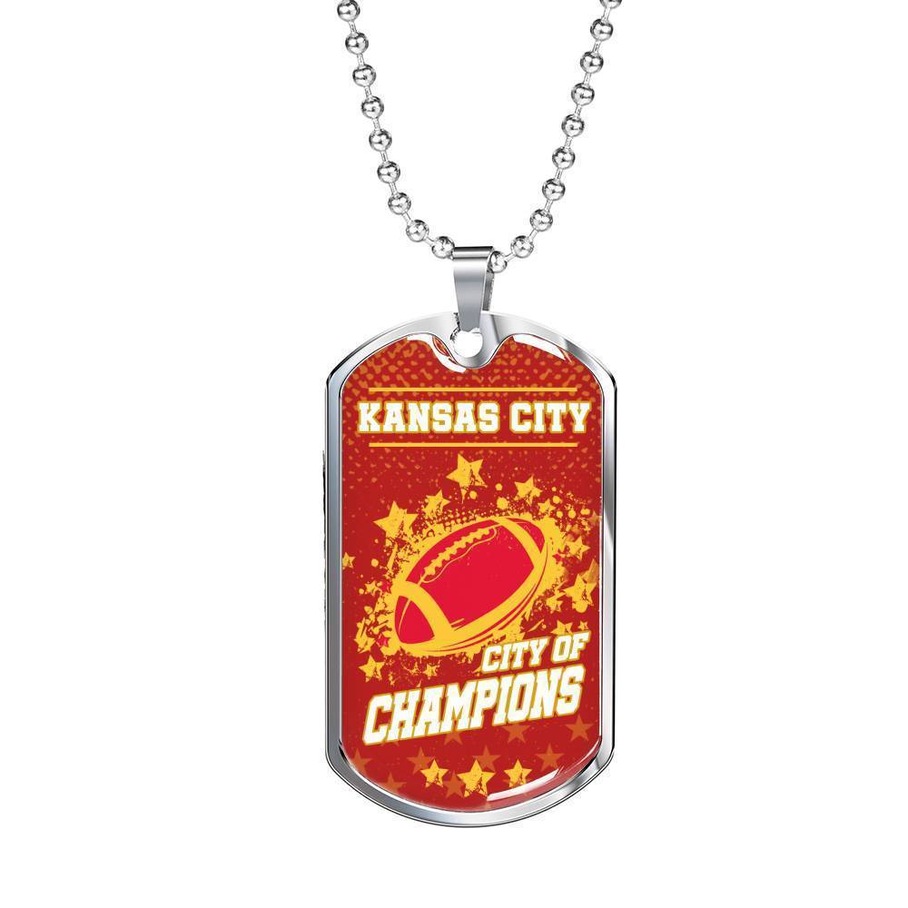 KC City Of Champions Necklace Stainless Steel or 18k Gold Dog Tag 24"-Express Your Love Gifts