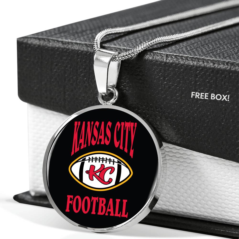 Kansas City Circle Pendant Football Fan Necklace Stainless Steel or 18k Gold 18-22" - Express Your Love Gifts