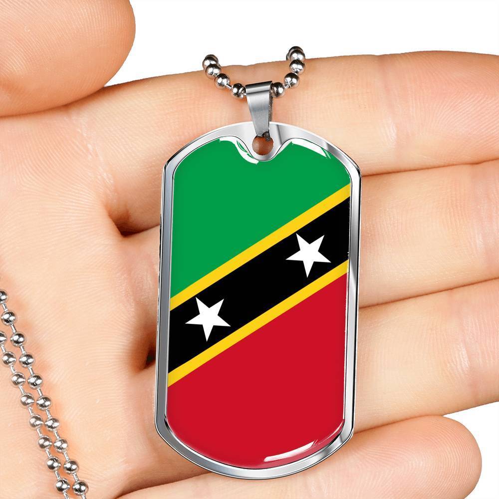 Kitts And Nevis Flag Necklace Stainless Steel or 18k Gold Dog Tag 24" - Express Your Love Gifts