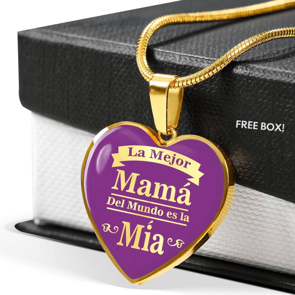 La Mejor Mamá Del Mundo Es La Mía Stainless Steel 18k Gold Heart Necklace 18-22" - Express Your Love Gifts