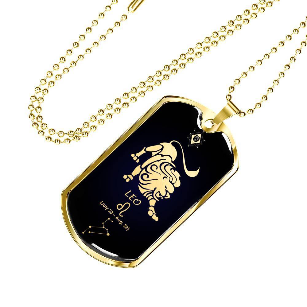Leo Constellation Horoscope Zodiac Necklace 18k Gold Stainless Steel Dog Tag 24"-Express Your Love Gifts
