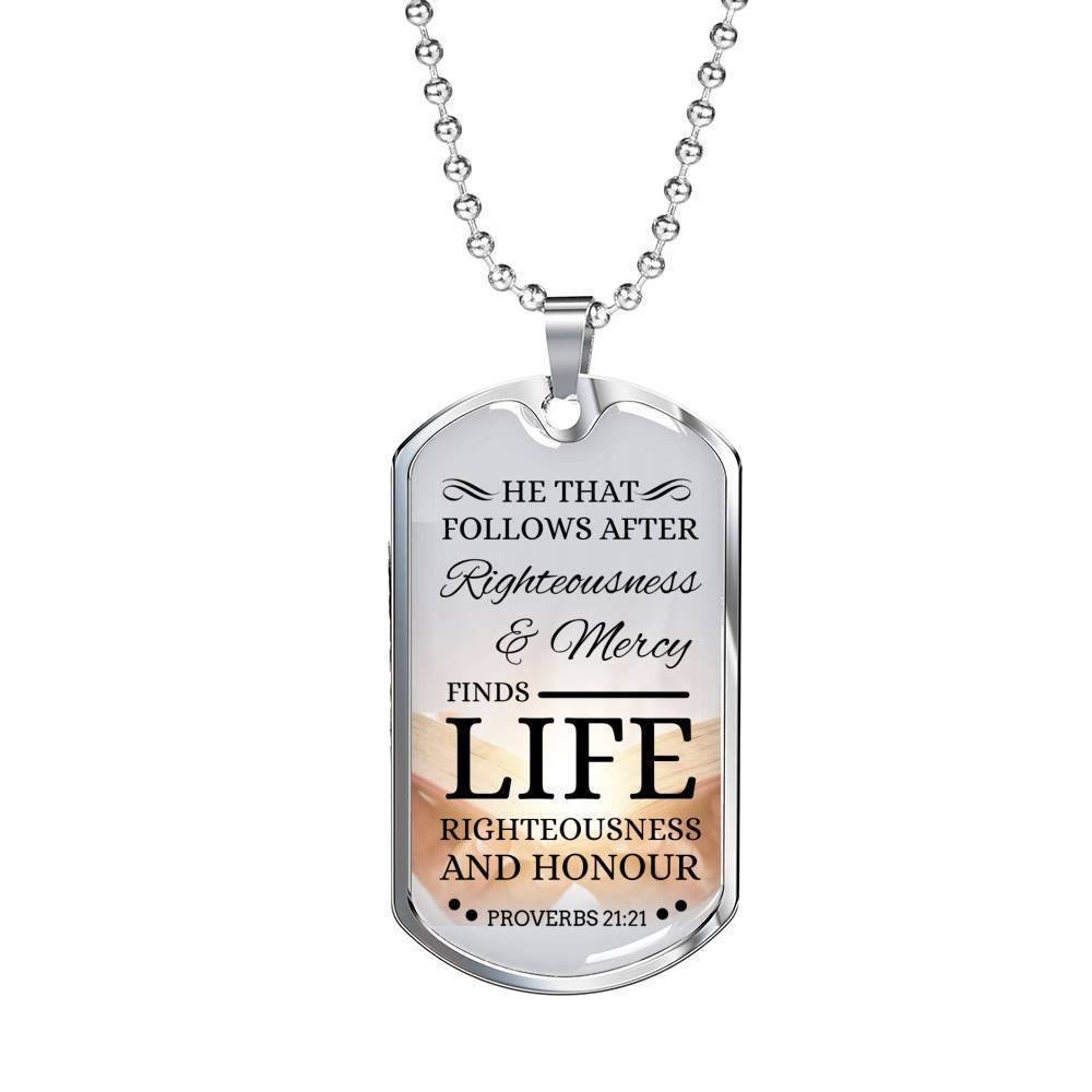 Life Living In Righteousness Christian Faith Necklace Stainless Steel or 18k Gold Dog Tag 24" Chain-Express Your Love Gifts