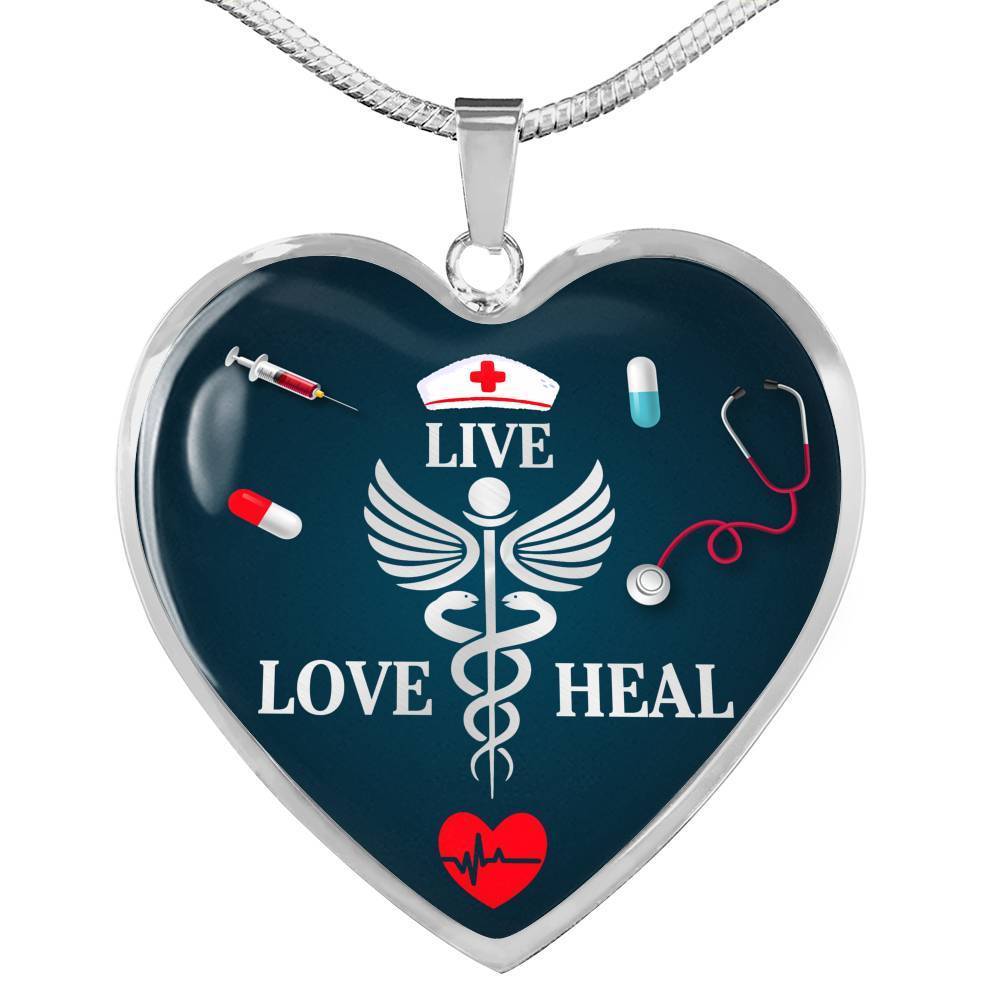 Live Love Heal Nurse Necklace Stainless Steel or 18k Gold Heart Pendant 18-22" - Express Your Love Gifts