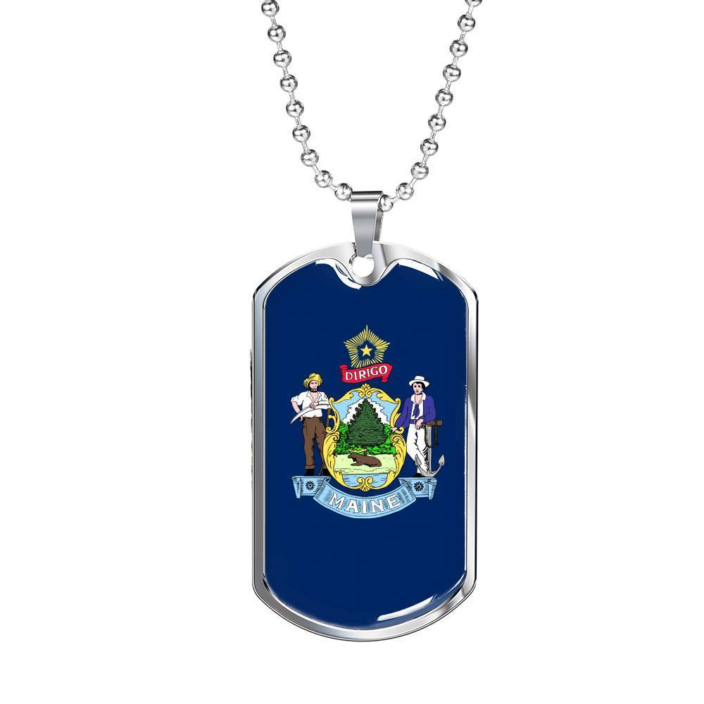 Maine State Flag Necklace Stainless Steel or 18k Gold Dog Tag 24" Chain - Express Your Love Gifts