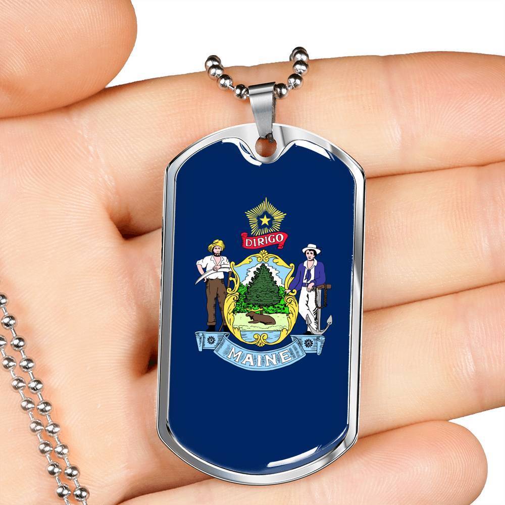 Maine State Flag Necklace Stainless Steel or 18k Gold Dog Tag 24" Chain - Express Your Love Gifts