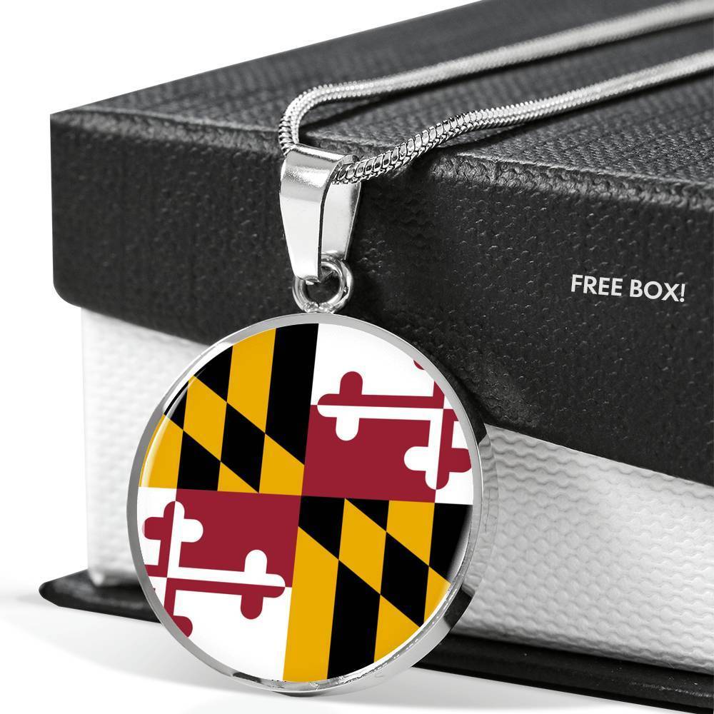 Maryland State Flag Necklace Stainless Steel or 18k Gold Circle Pendant 18-22" - Express Your Love Gifts