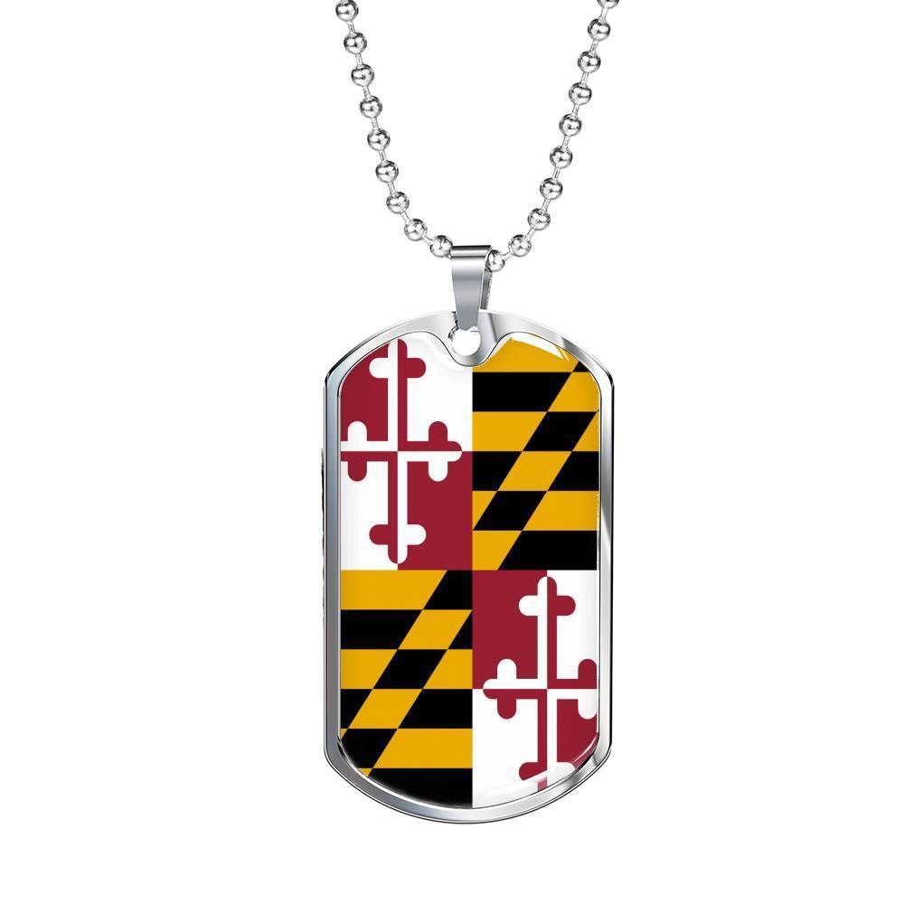Maryland State Flag Necklace Stainless Steel or 18k Gold Dog Tag 24" Chain - Express Your Love Gifts