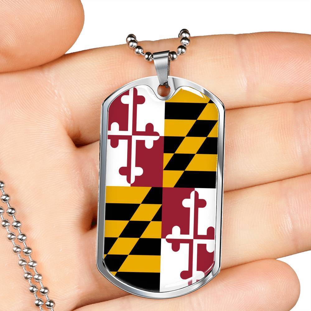 Maryland State Flag Necklace Stainless Steel or 18k Gold Dog Tag 24" Chain - Express Your Love Gifts