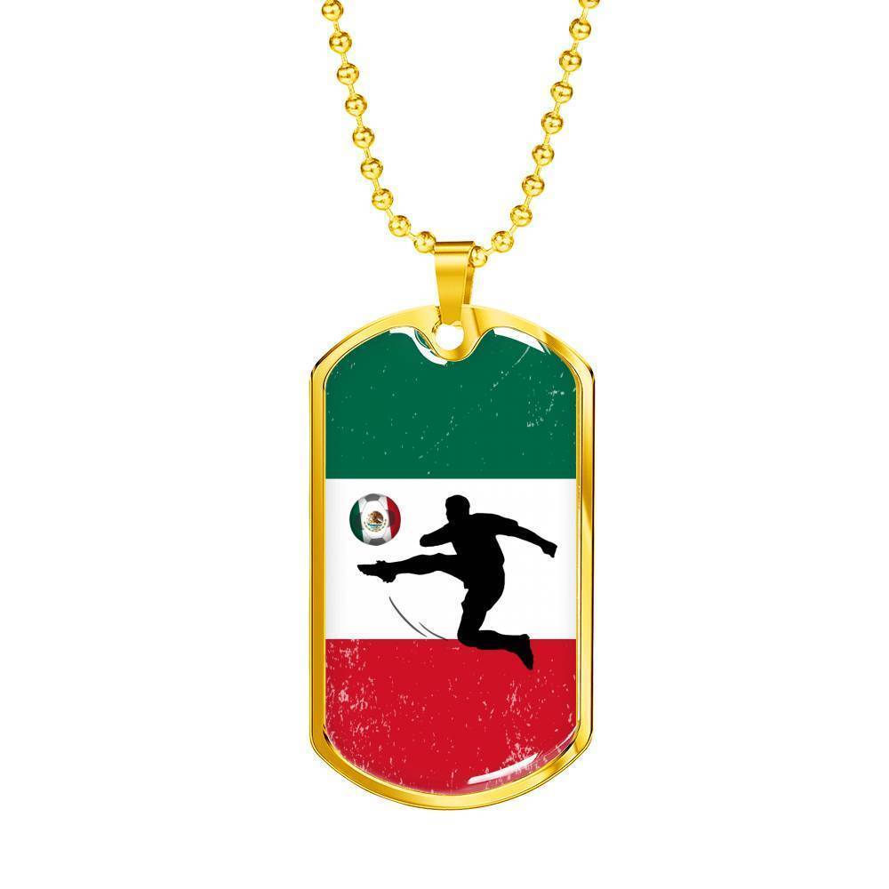 Mexico Flag And Futbol/Soccer Necklace Stainless Steel or 18k Gold Dog Tag 24" Chain-Express Your Love Gifts