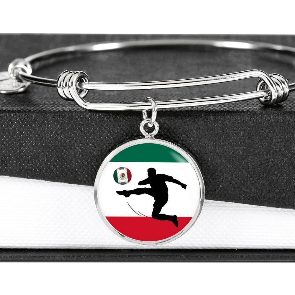 Mexico Flag And Futbol/Soccer Stainless Steel or 18k Gold Circle Bangle Bracelet - Express Your Love Gifts